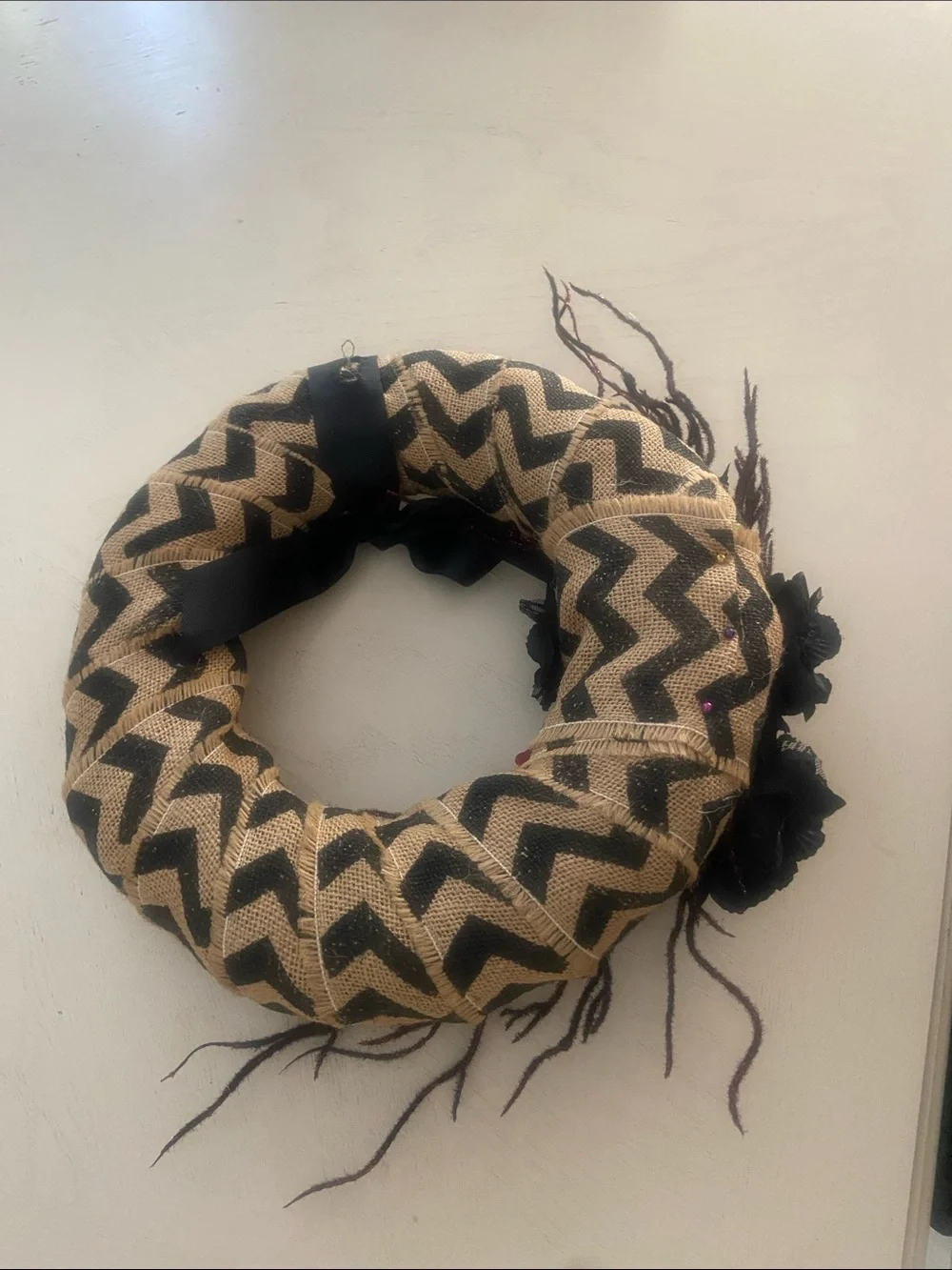 Handcrafted Red & Black Floral Headband with Chevron Burlap